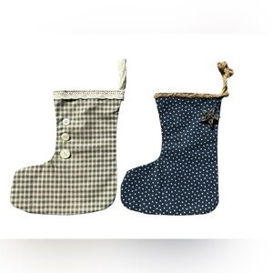 Set of 2 Fabric Christmas Stockings 90's Vintage Primitive Country Farmhouse 10"